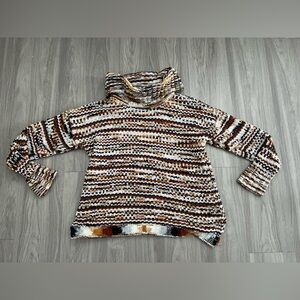 Tribal Multicolor Striped Turtleneck Sweater Medium Chunky Knit Boho Pullover
